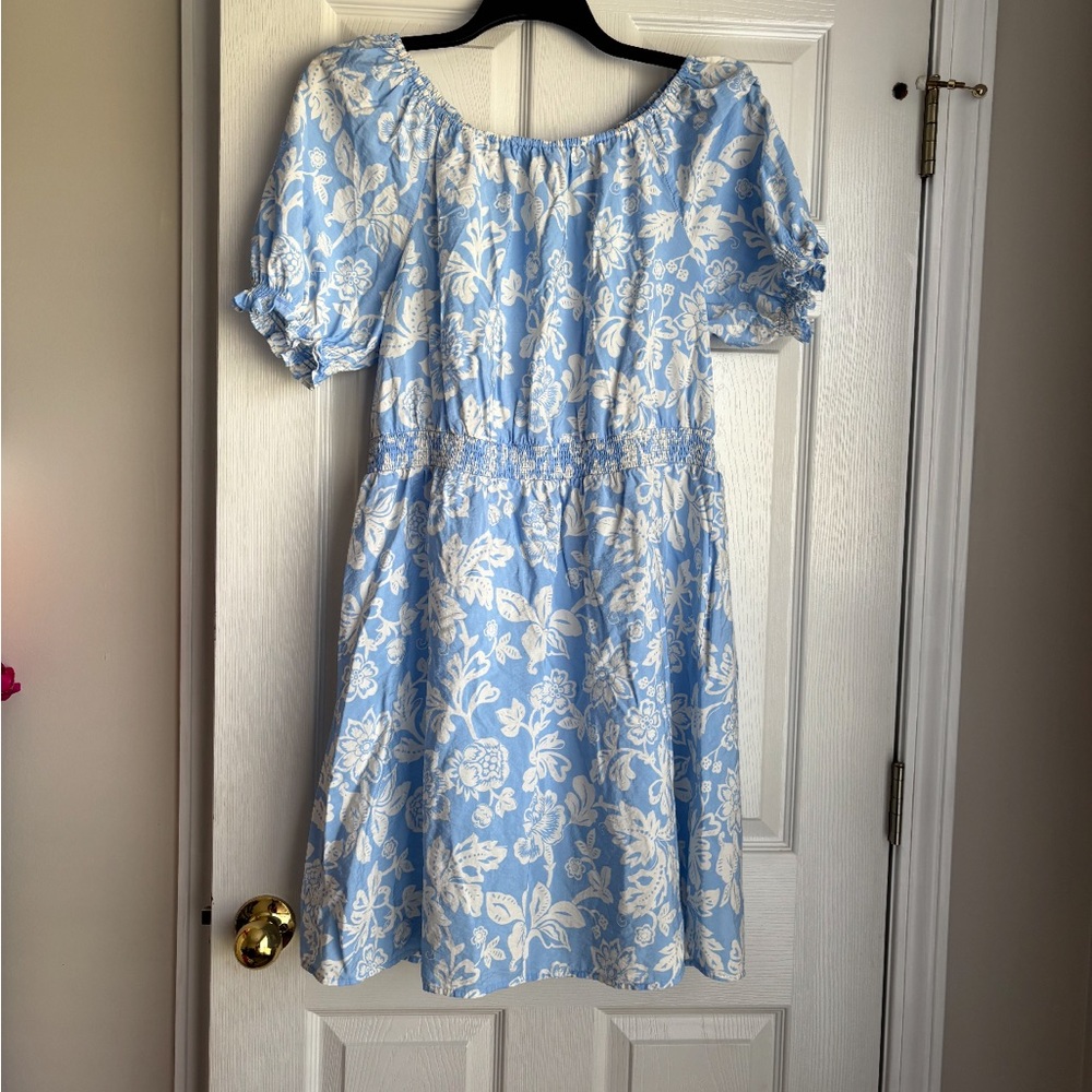 Ann Taylor Factory Blue and White Floral Puff-Sleeve Kids Dress